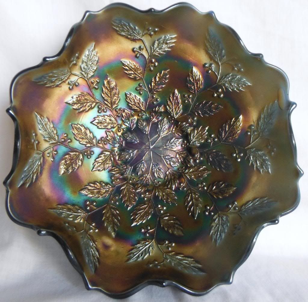 FLUTED EDGE LEAVES SMALL BERRIES IRIDESCENT PURPLE CARNIVAL GLASS BOWL